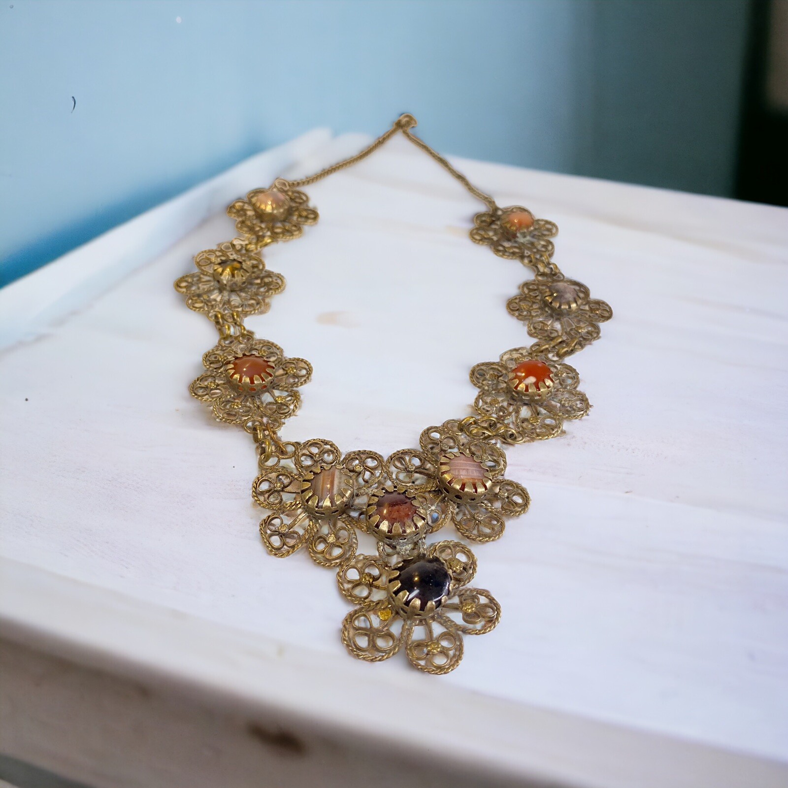 Vintage Handmade German Silver Filigree Semi Precious Stones Statement Necklace