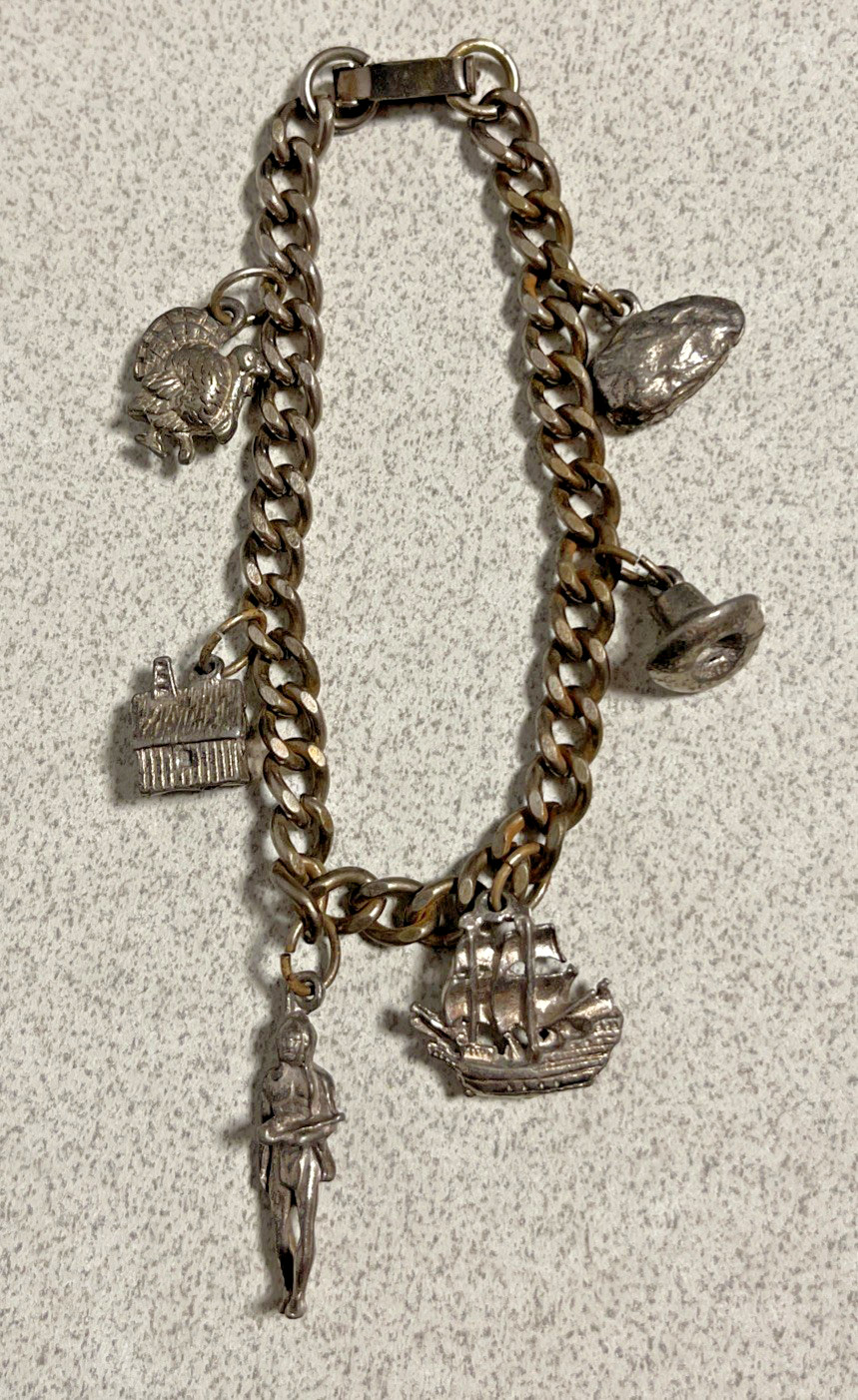 Vintage Plymouth Rock Charm Bracelet Souvenir MASS 7” pilgrim Thanksgiving