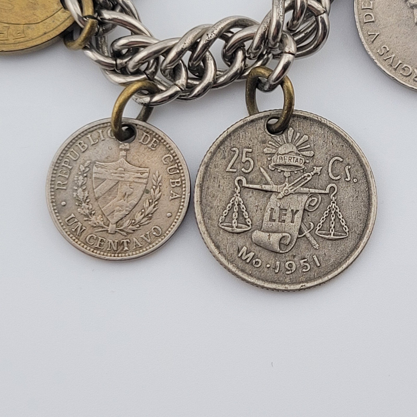 Vintage Coins From Around the World Charm Bracelet Souvenir 1924 to 1956 7.5″