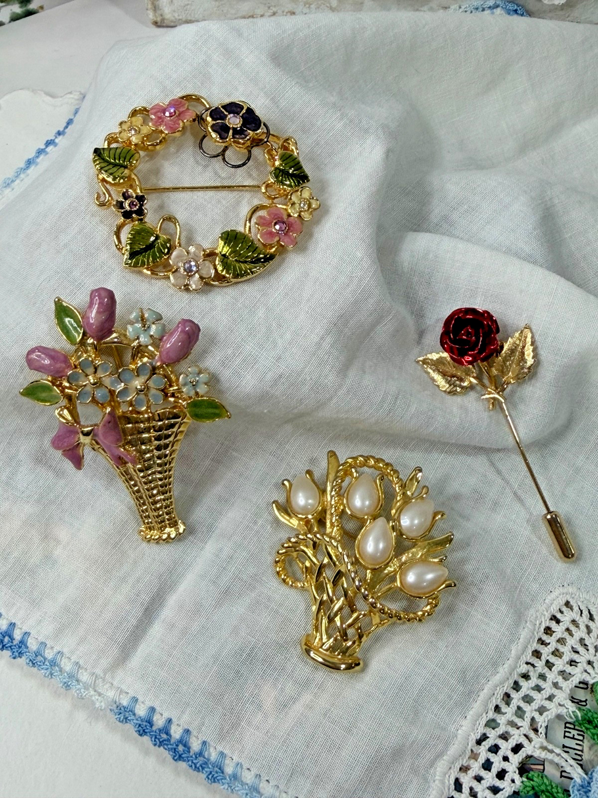 Vintage Flower Brooch Lot of 4 Gold Tone Enamel Faux Pearl Rose Estate Jewelry