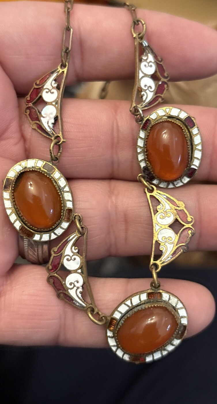 Vintage Czech Brass Gold Tone Carnelian? Cabochon Necklace Enamel