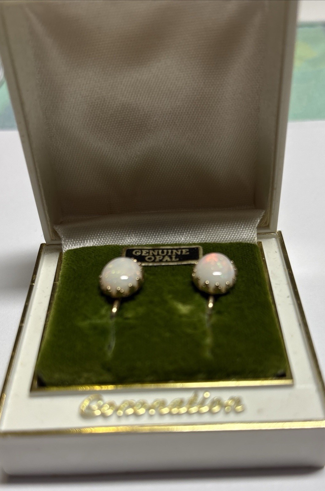 Vintage Genuine OPAL Earrings 1/20 12K GF Gold Filled Screw Back In Orig. Box