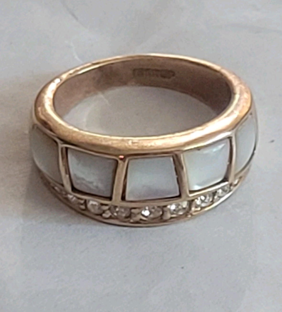 Vintage 18K Rolled Gold Plate Ring Wt 7.4 Grams Mop Inlay / Rhinestone Size 8