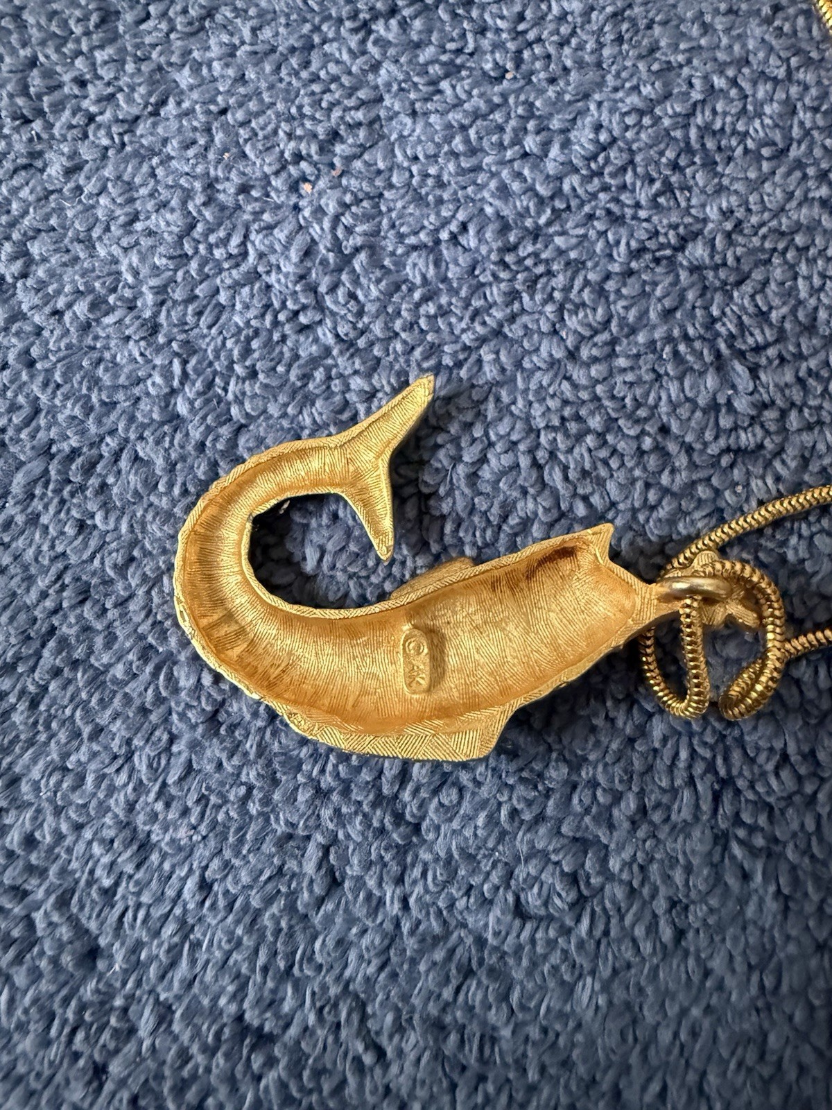 Vintage 1990s Anne Klein Necklace Matte Gold Tone Koi Fish With Pearl Eye & Mout