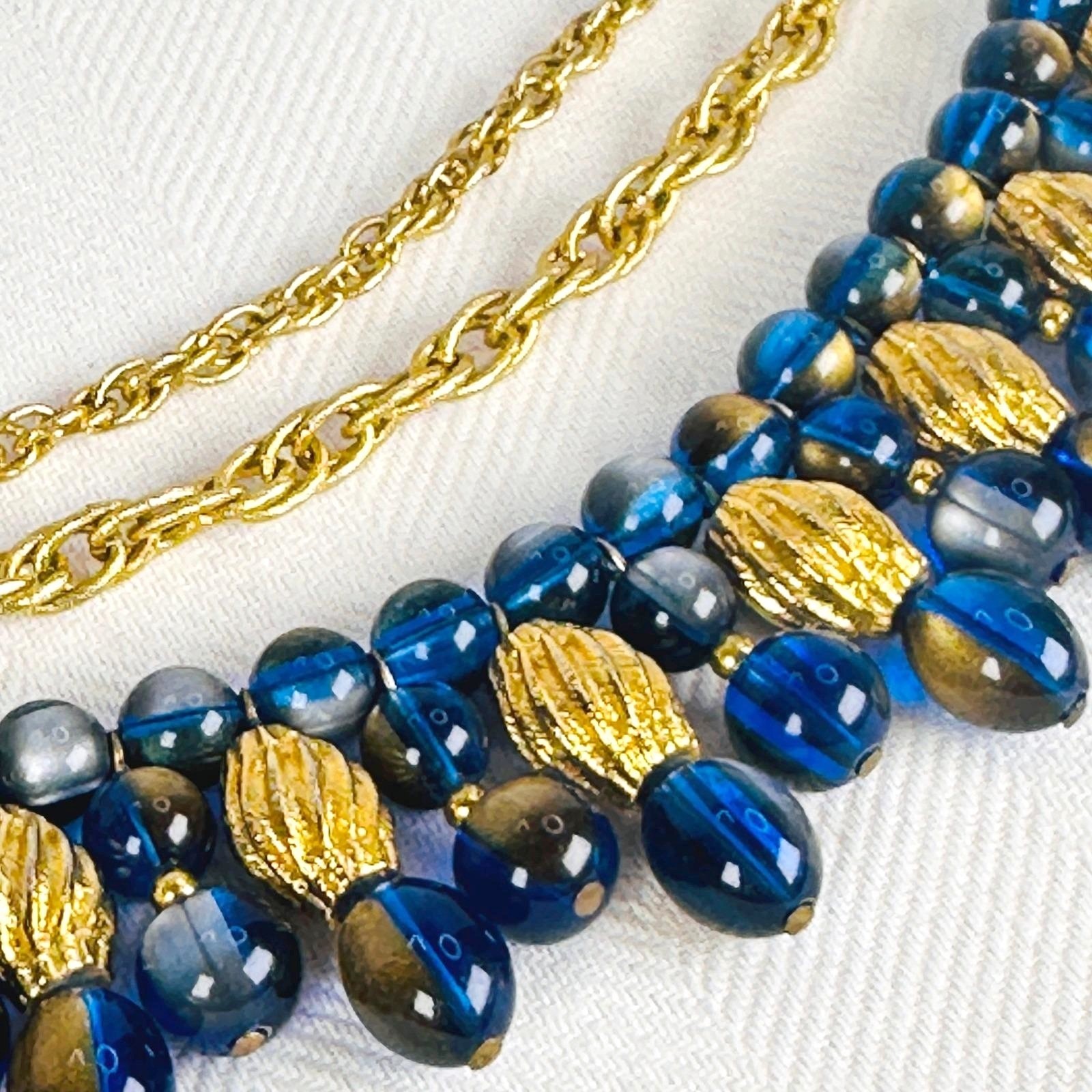 Vintage 1950s Kramer Blue Gold Tone Triple Strand Beaded Statement Necklace
