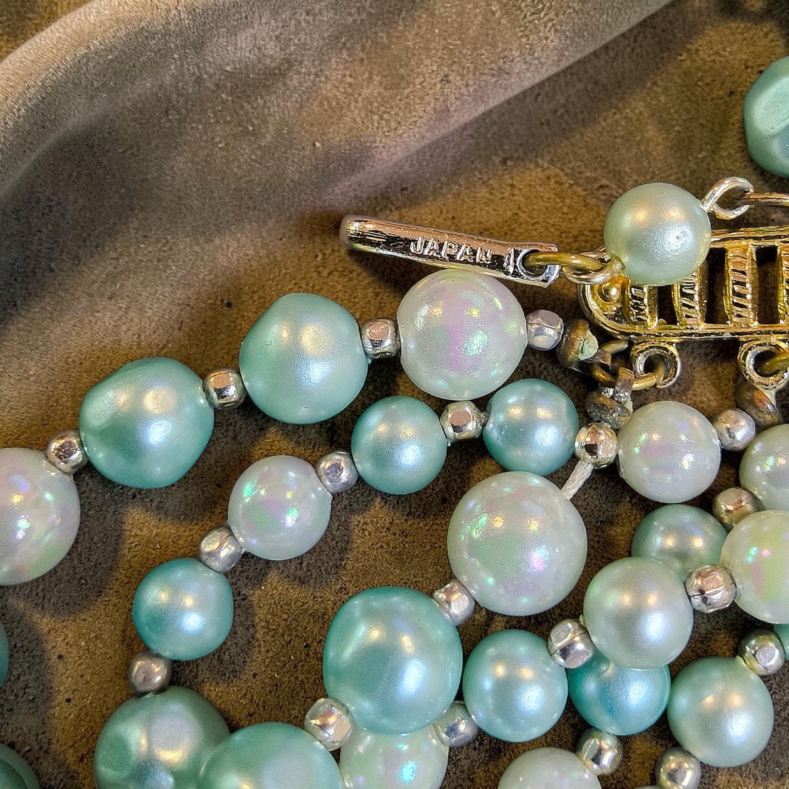 Vintage Japan 6 Strand Aqua Seafoam Glass & Acrylic Bead Necklace Statement Bib