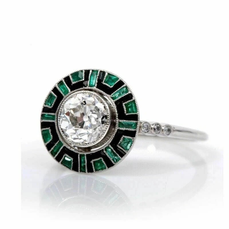2.65Ct Art Deco Style Lab-Created Diamond & Emerald Engagement 925 Silver Ring