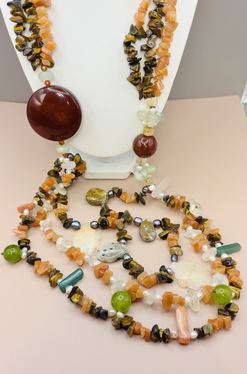 Vintage Natural Gemstone Multi Strand Boho Tigers Eye Carnelian Pearl 28”