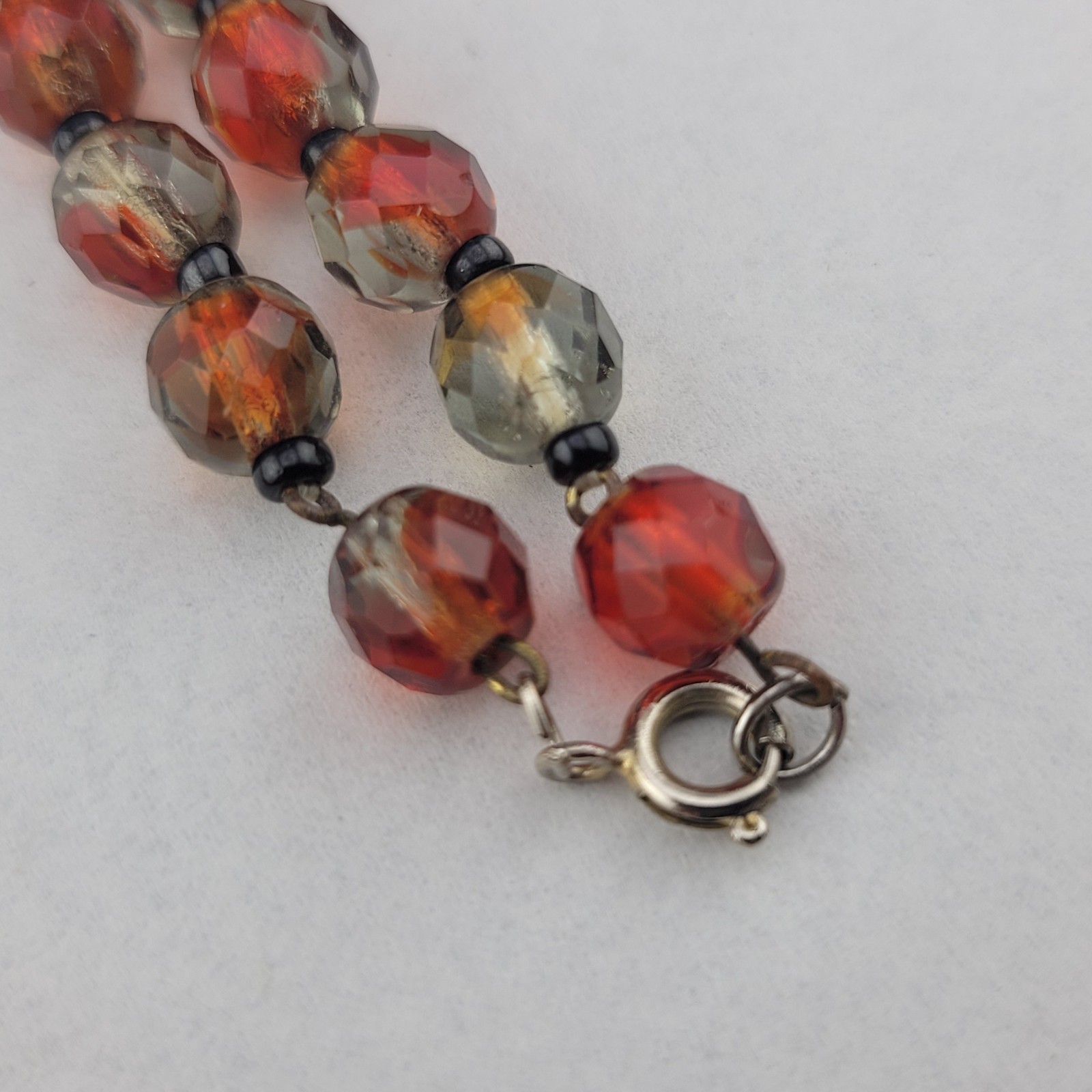 Antique Czech Red Clear Orange Givre Glass Crystal Bead Graduated 20″ Necklace