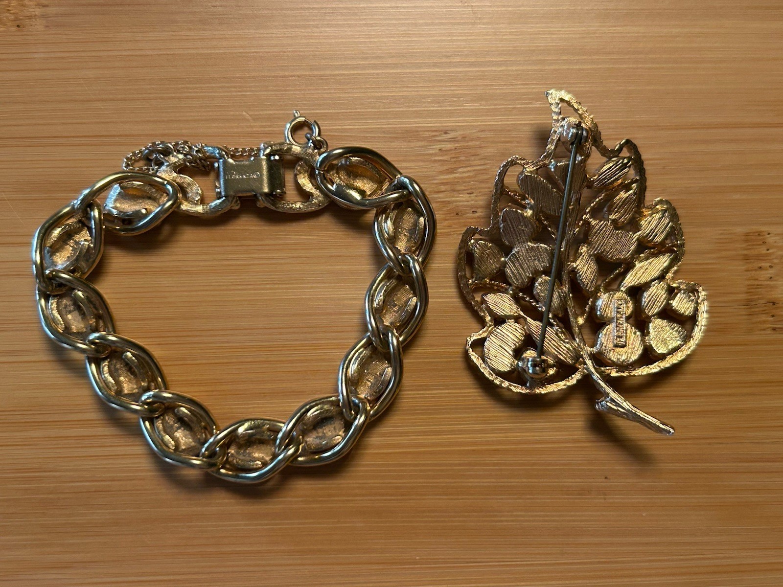 VTG MCM Florenza Link Bracelet & Leaf Brooch Set-Gold Tone, Blue & Green Enamel
