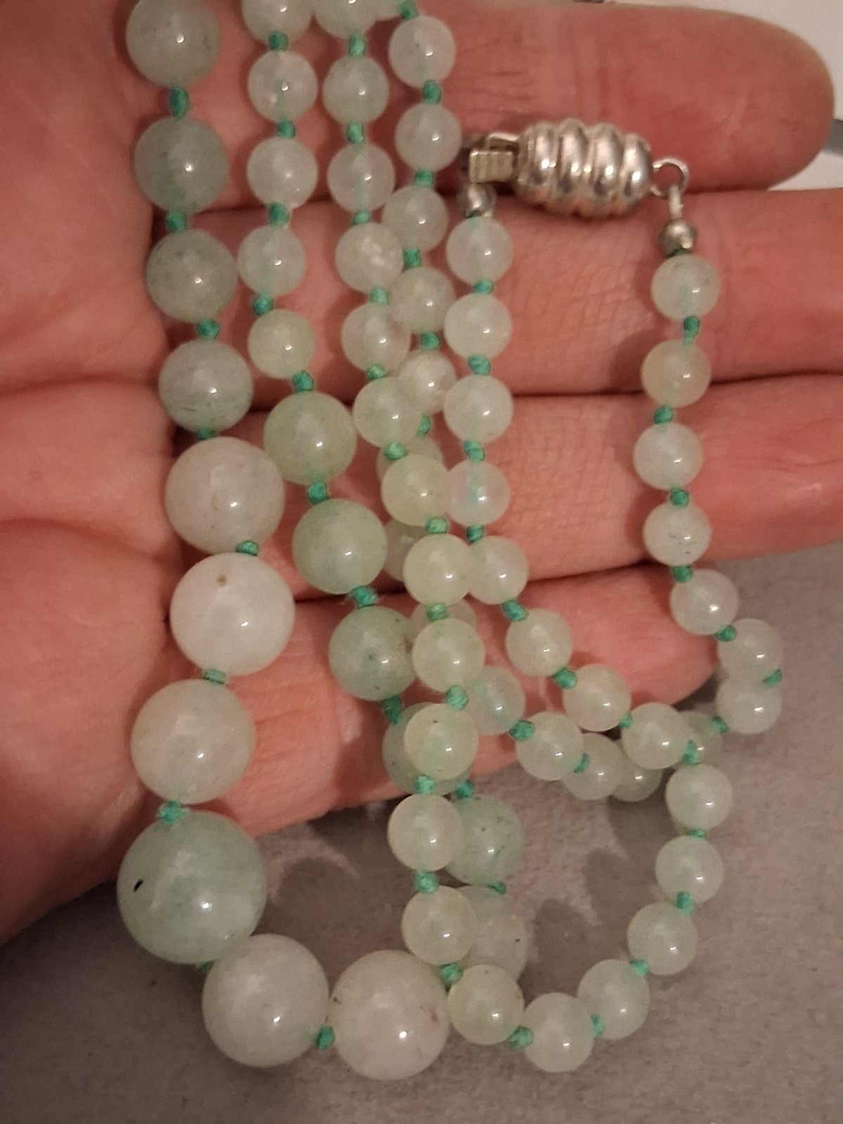 Jade/aventurine icy green gemstone graduated necklace, individually knotted