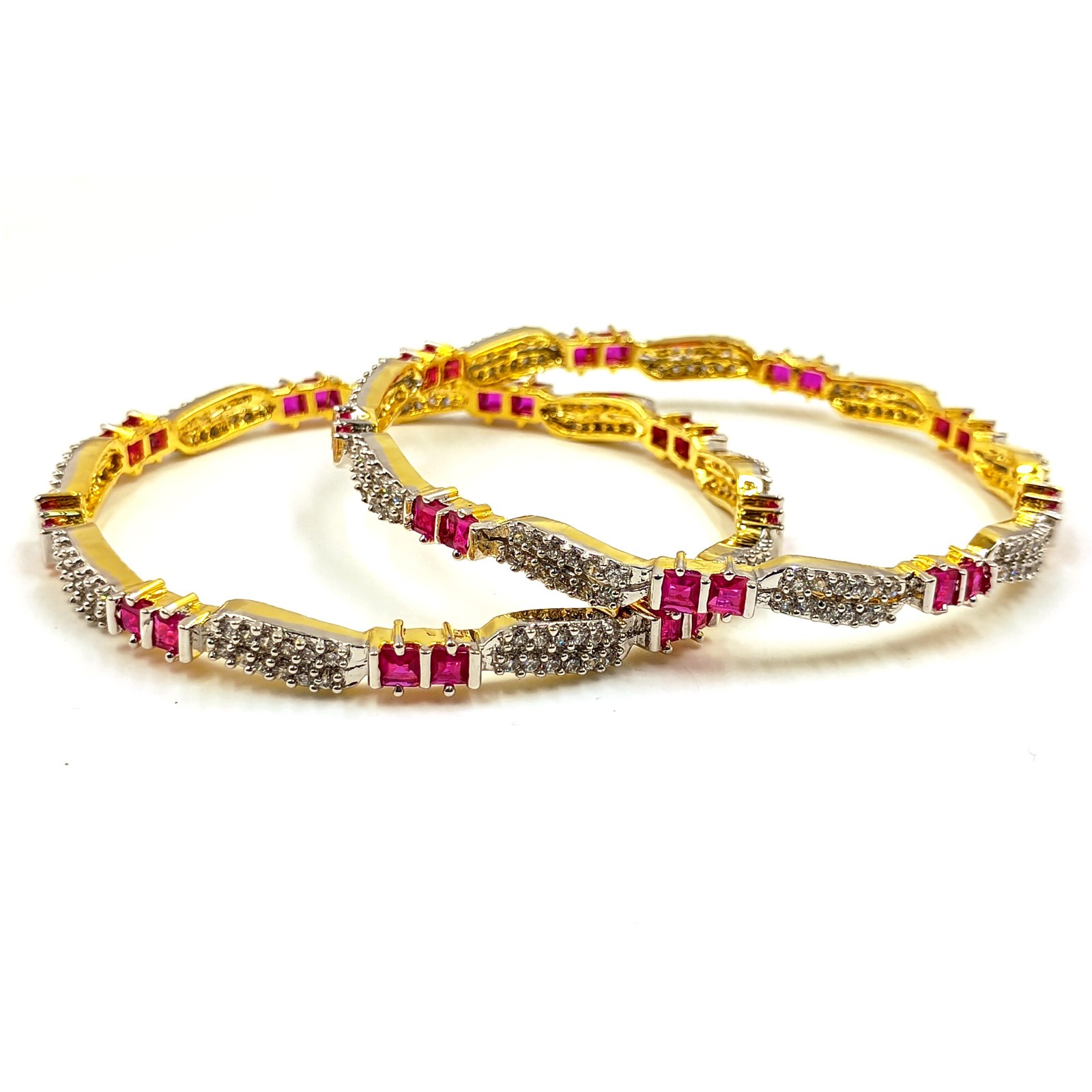 Designer Ruby & Cubic Zirconia Bangle Set Handmade 22K Gold Plated Ethnic Style