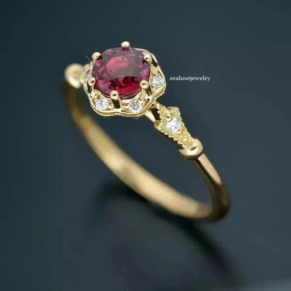 2Ct Art Deco Style Round Lab Created Ruby & Diamond Engagement Ring 14K Gold FN