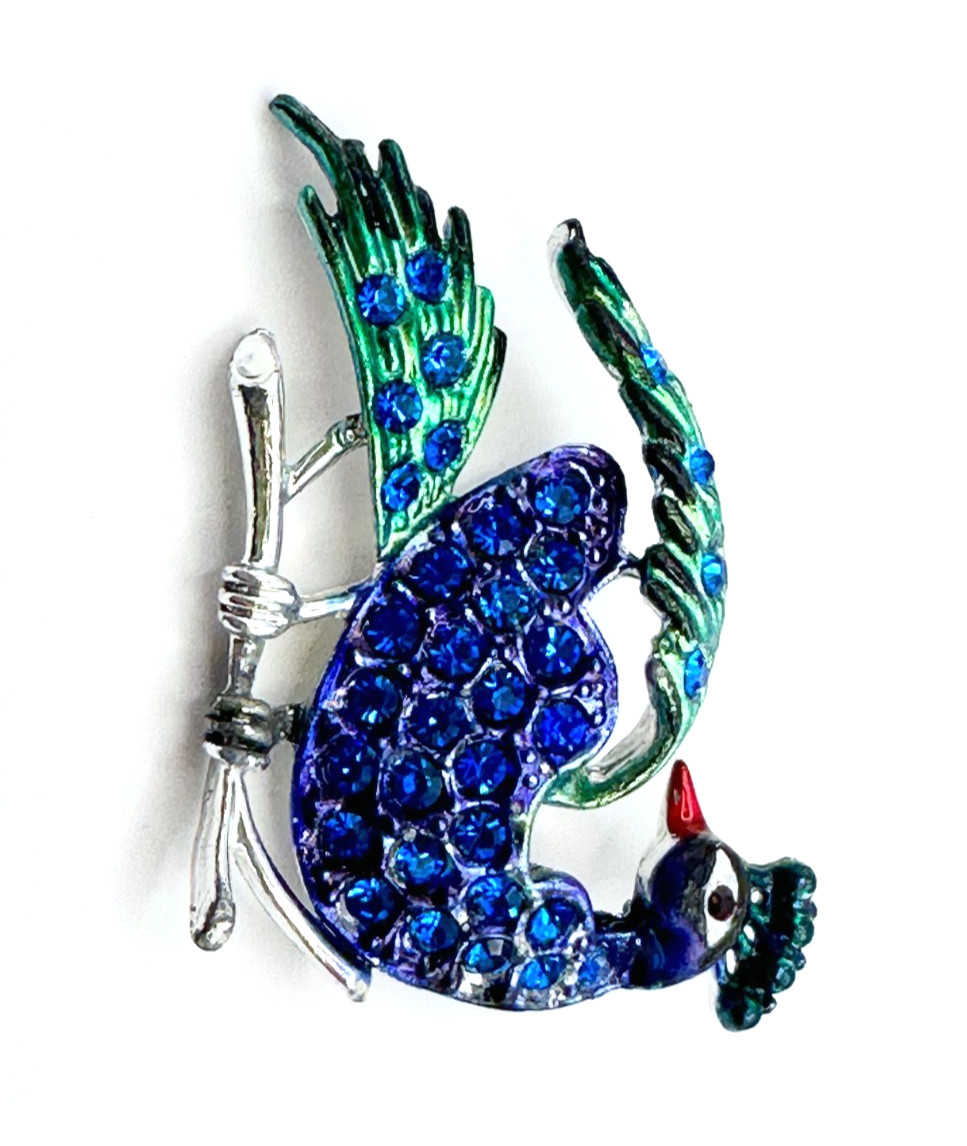 Silver Tone Multicolor Enamel & Cobalt Blue Rhinestones Peacock Brooch Vintage