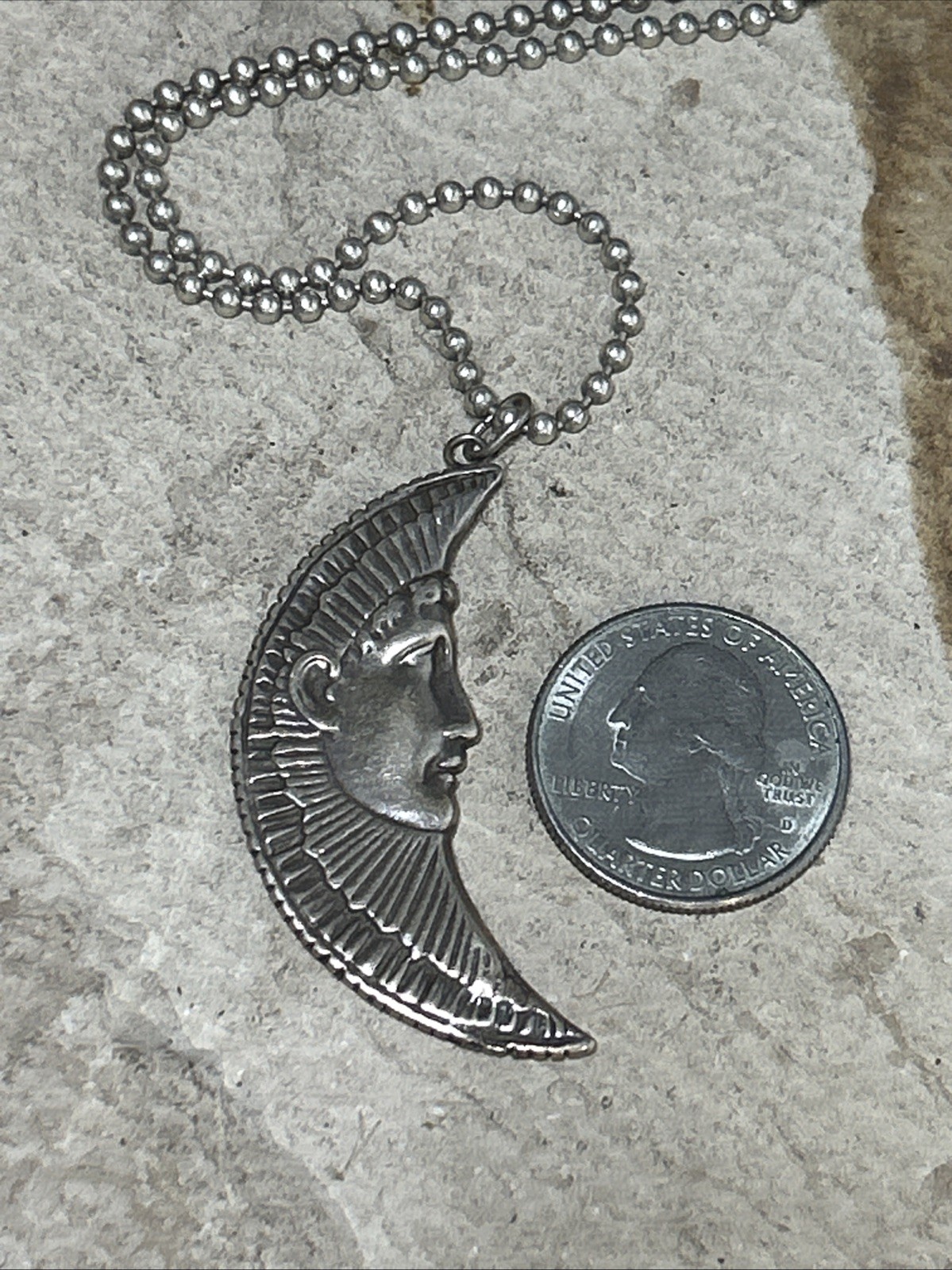 53. Vintage Sterling 925 Crescent Repousse Pendant Ball chain Necklac 14.5g, 22″