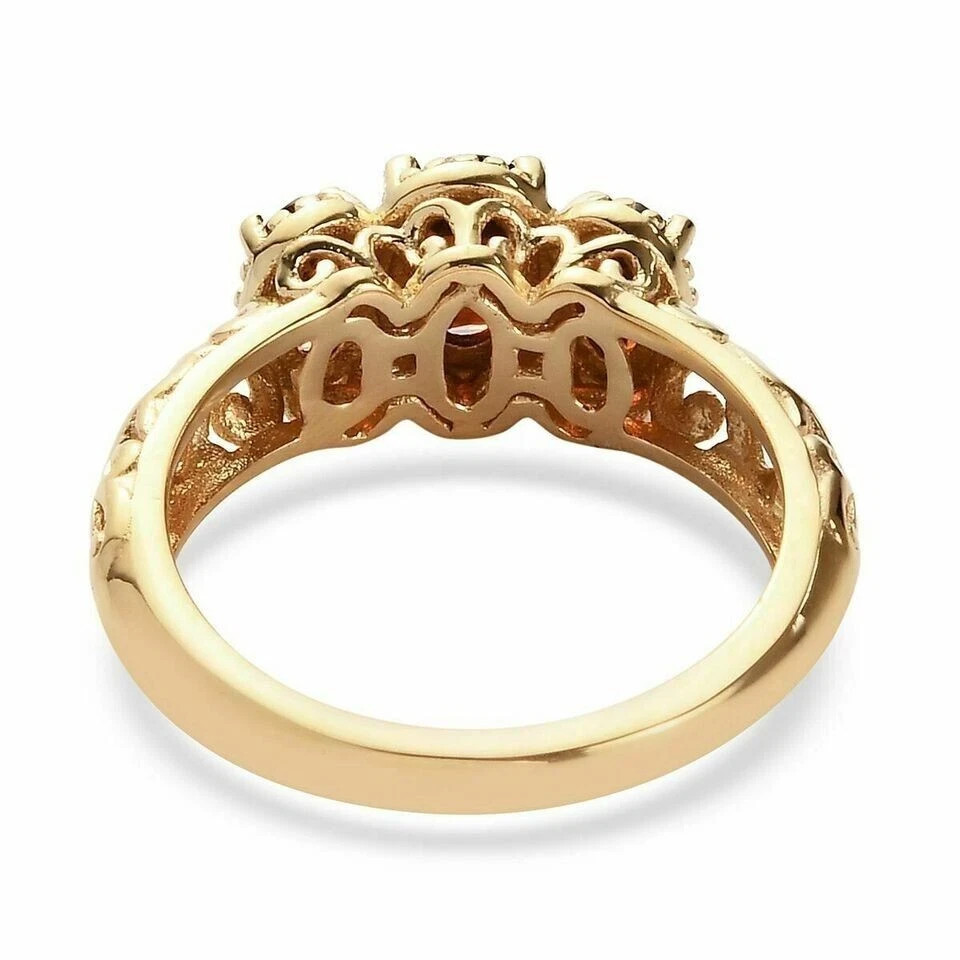 Art Deco Antique Garnet & Lab Created Diamond Three Stone 14K Gold Finish Ring