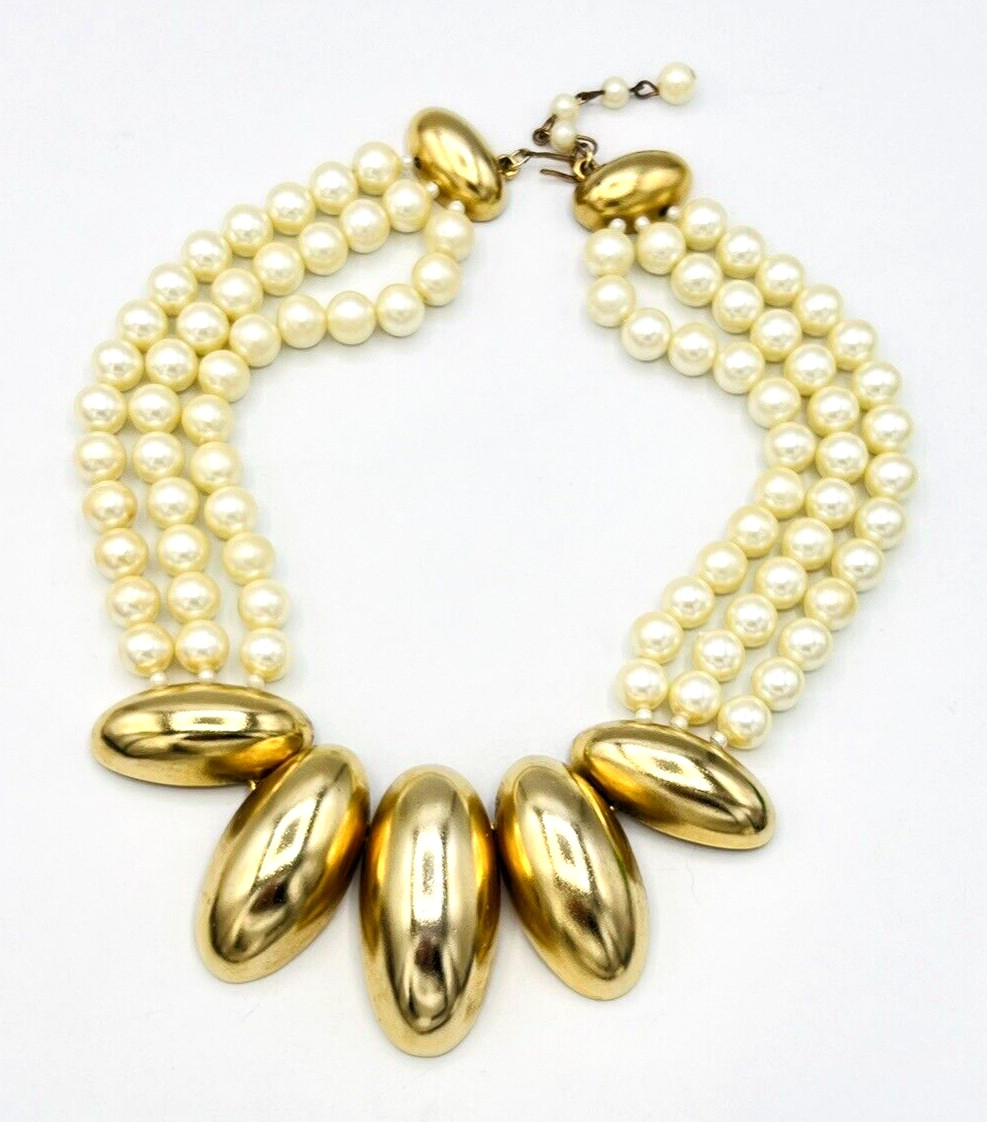 Designer Mimi Di Niscemi 1984 Gold Tone Faux Pearl Runway Necklace