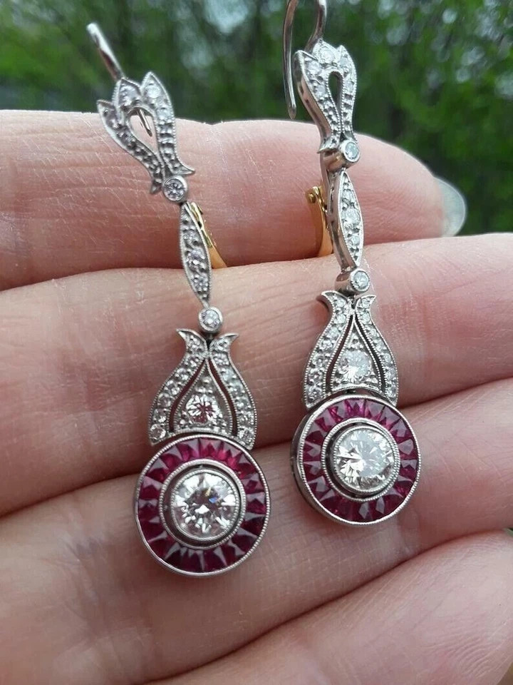 Art Deco Style Lab Created Diamond & Ruby 14K White Gold FN Drop/Dangle Earrings