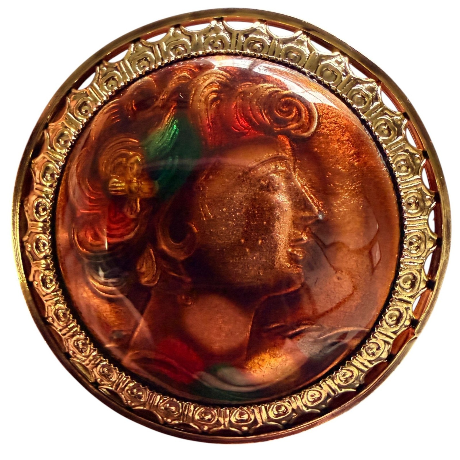 Vintage 1950s Reverse Carved Lucite Renaissance Lady Brooch New Old Stock