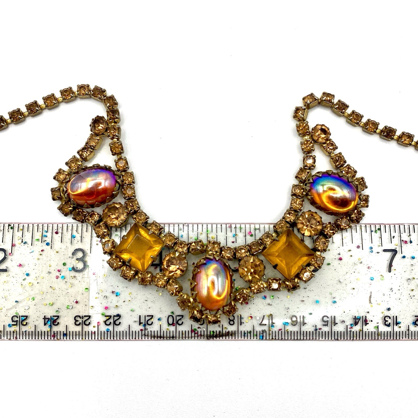 Vintage Dragon Breath Rhinestone Cabochon Necklace Flame Citrine Color Cup Prong