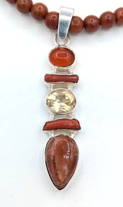 Vintage Sterling Silver Carnelian Citrine Pendant Necklace Goldstone