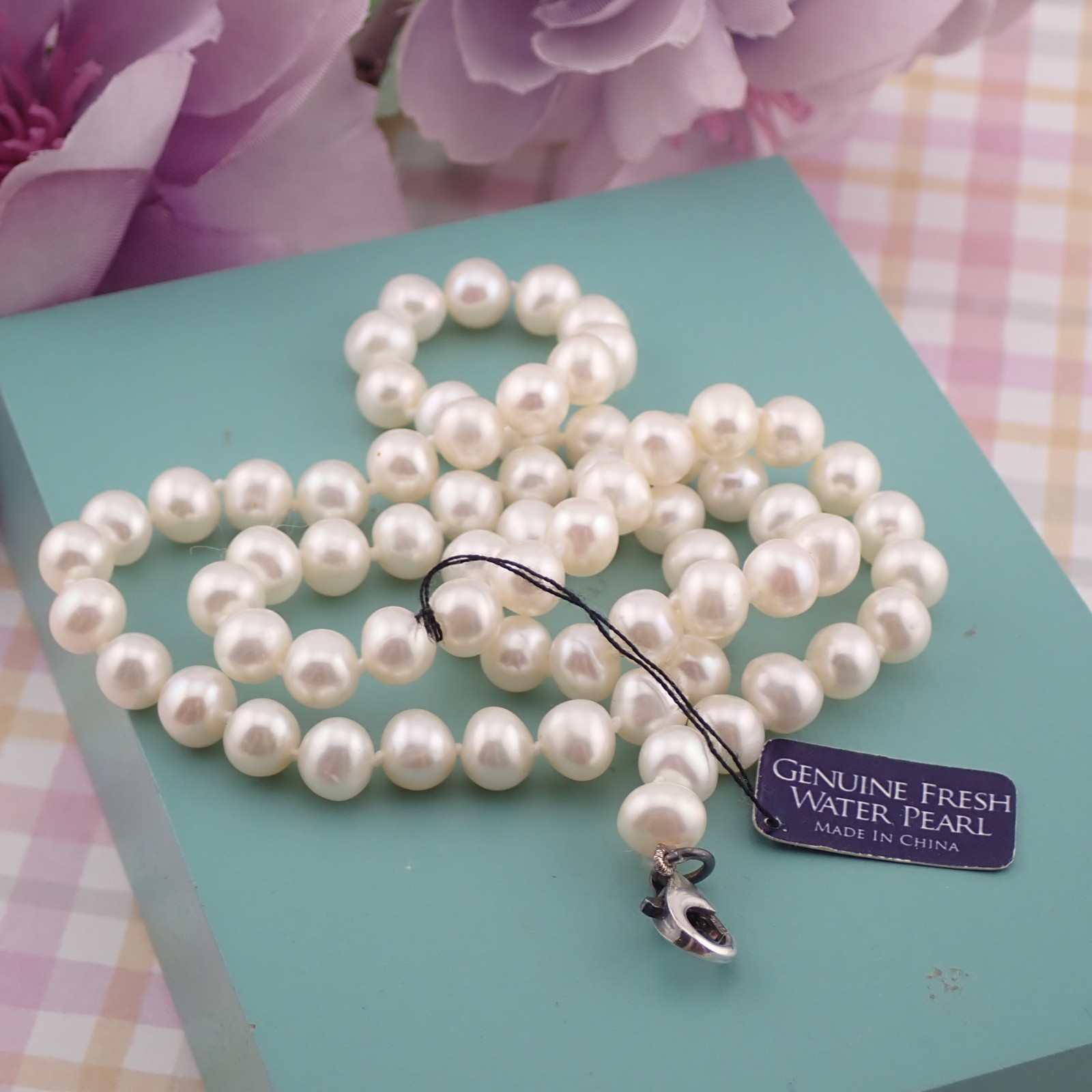 Vintage White 5-6mm Freshwater Pearl Knotted Sterling Clasp 18″ Necklace