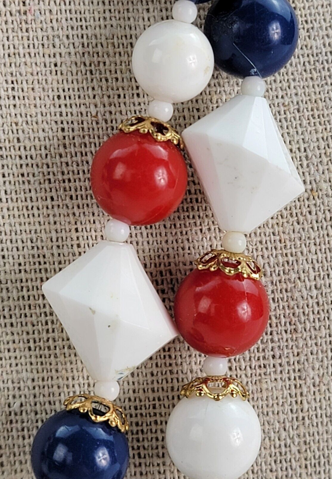 Vintage Patriotic Red White Blue Lucite Double Strand Necklace 18 In USA