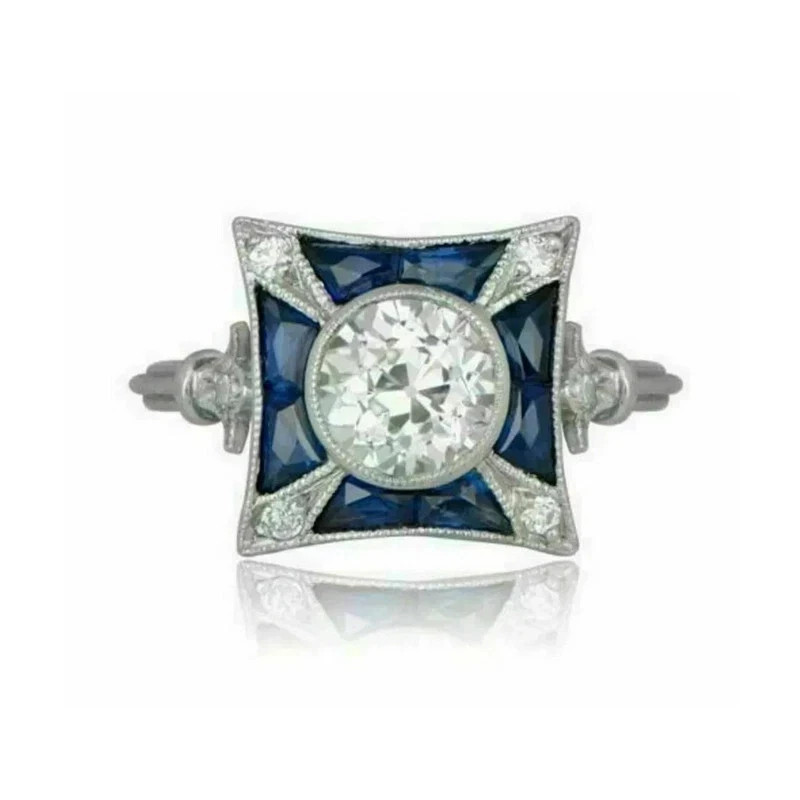 Art Deco Style Lab Created Diamond Engagement & Wedding 14K White Gold FN Ring