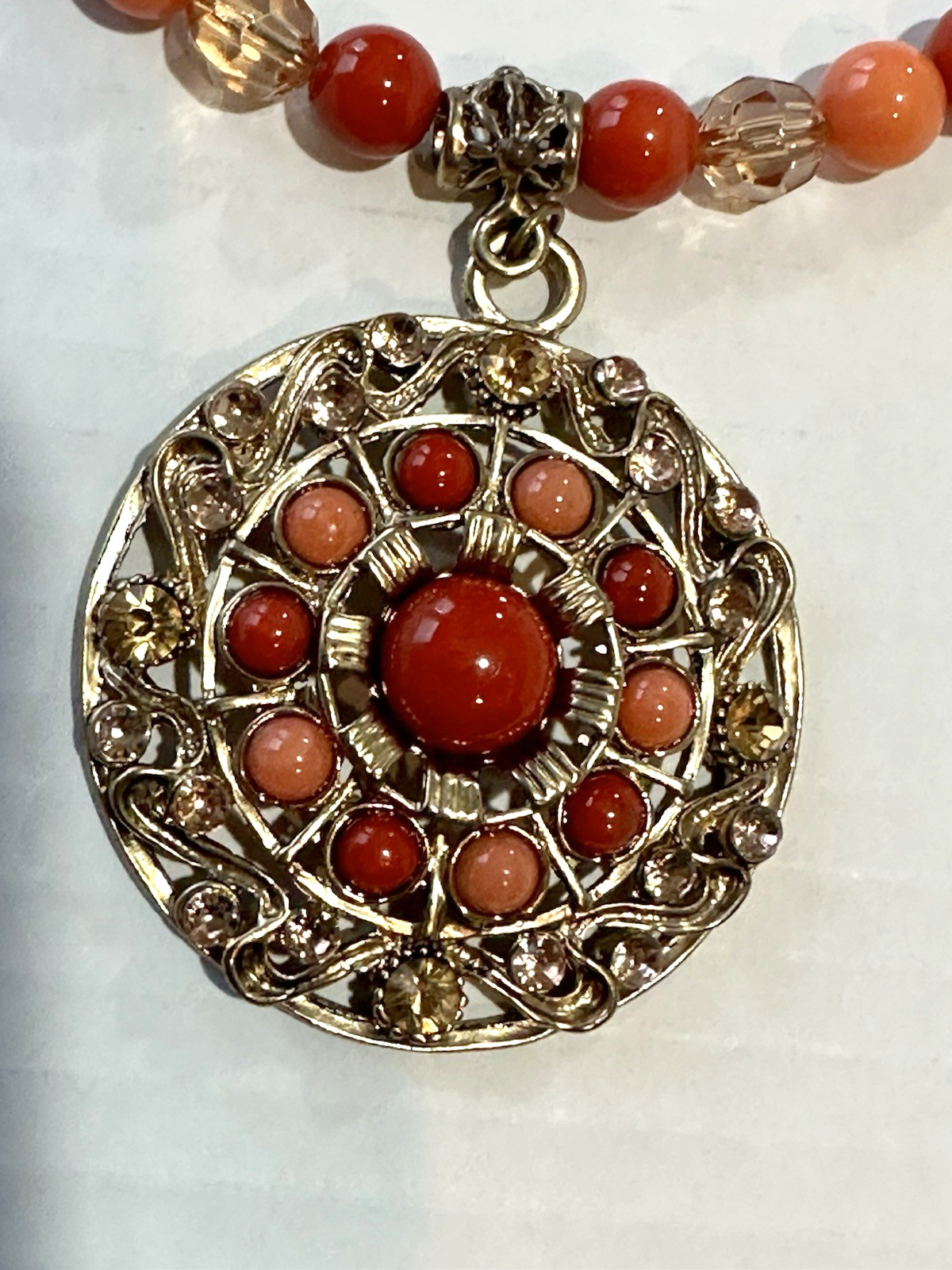 Brass Medallion Rhinestone Faux Diamond Costume Jewelry Necklace bead chain link