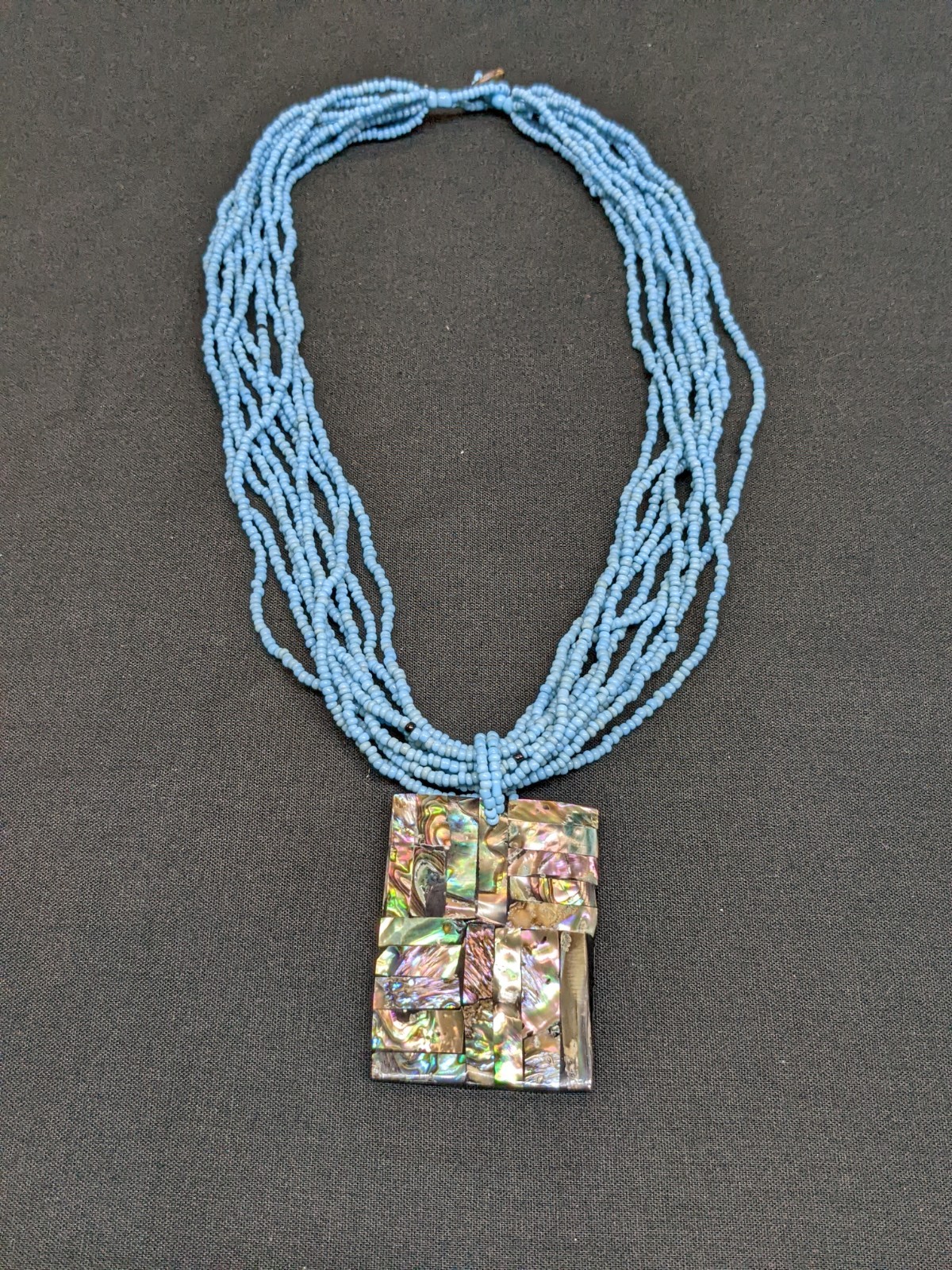 Vintage Blue Seed Bead Necklace Abalone Shell Mosaic Pendant MOP Statement 18″