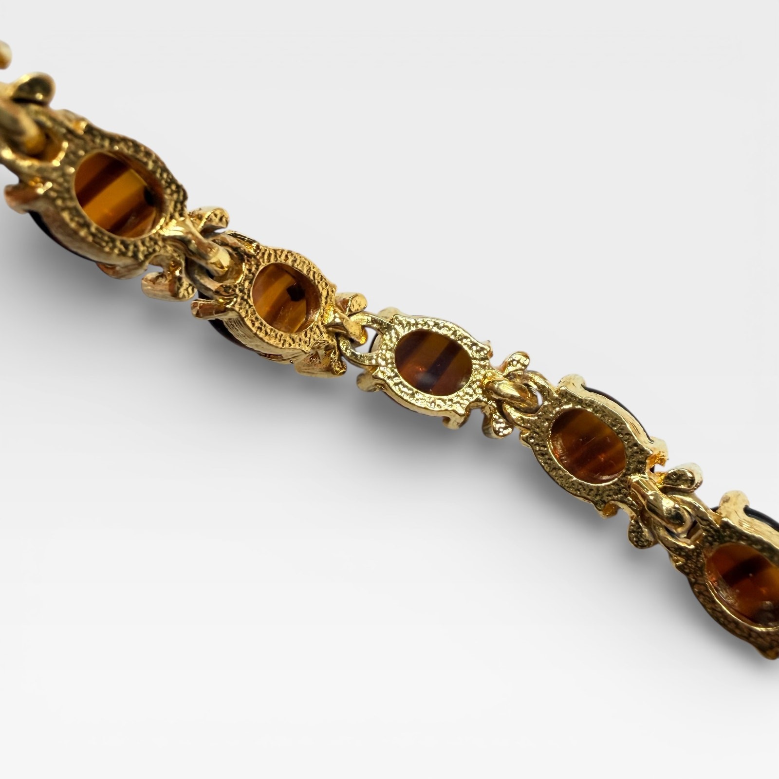 Vintage Tiger’s Eye Style Bracelet, Gold Tone Rhinestone Cabochon Link 7.25”