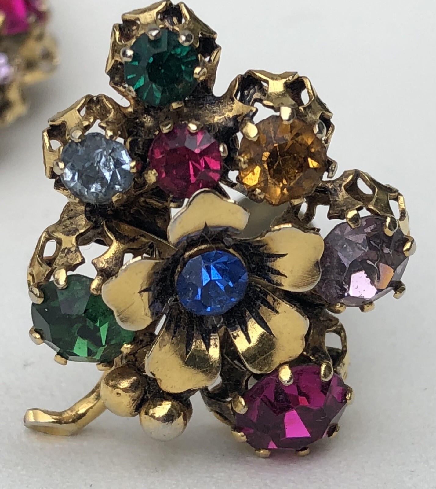 Vintage Austria Multi Color Rhinestones Flower Brooch & Clip Earrings Set