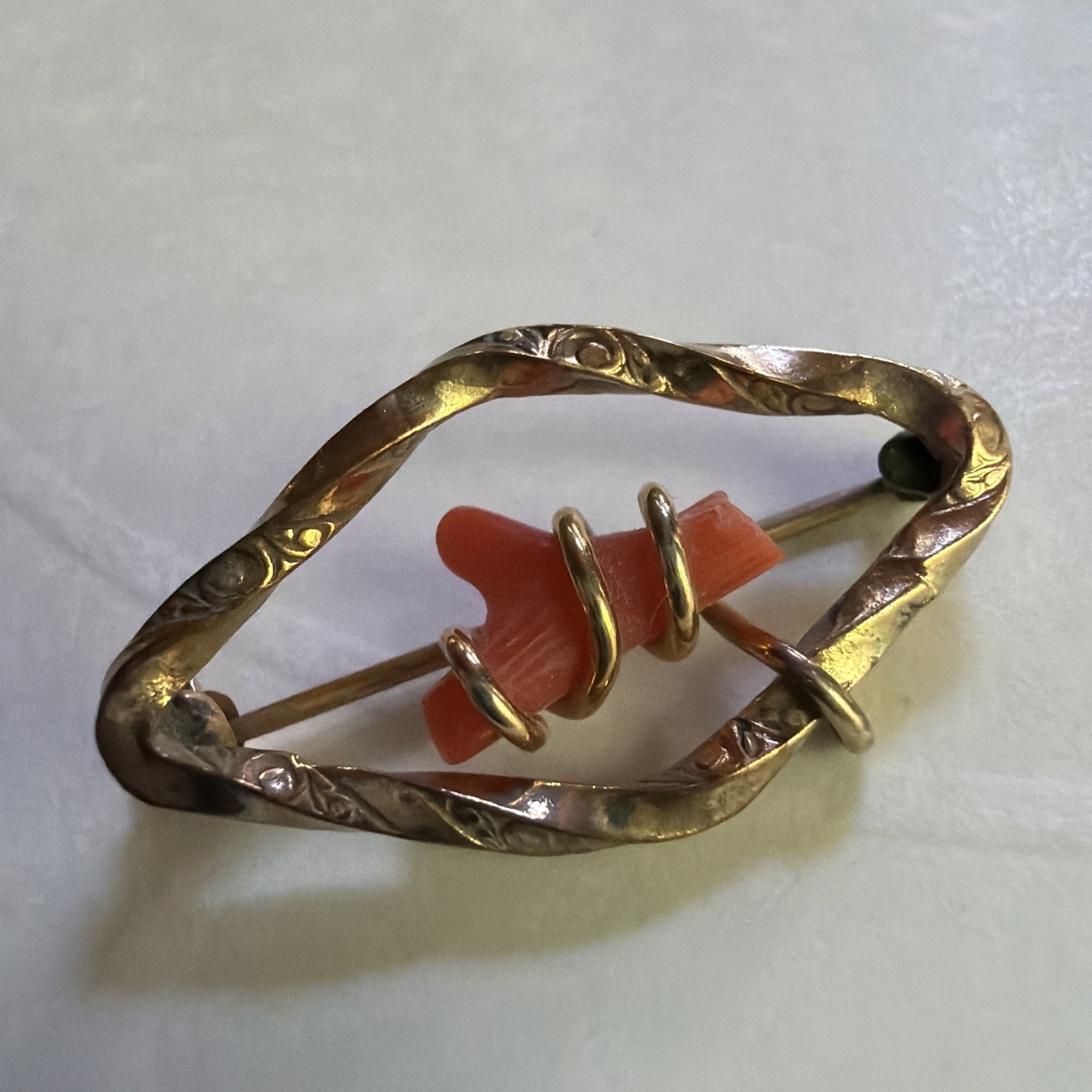 Vintage Rosy Gold Fill Coral Branch Interwoven Scroll Work On Metal