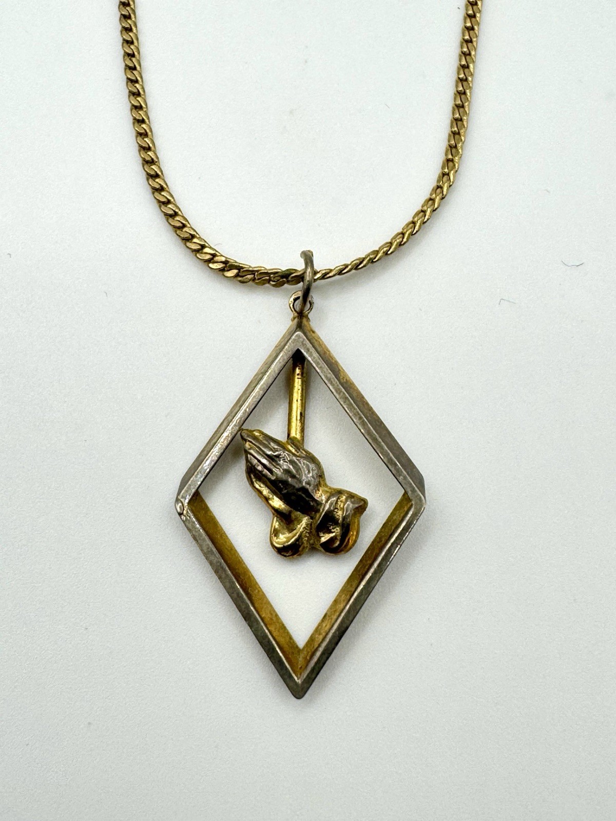 Vintage 60’s Gold Tone Prayer Praying Hands Diamond Shape Pendant Necklace MCM
