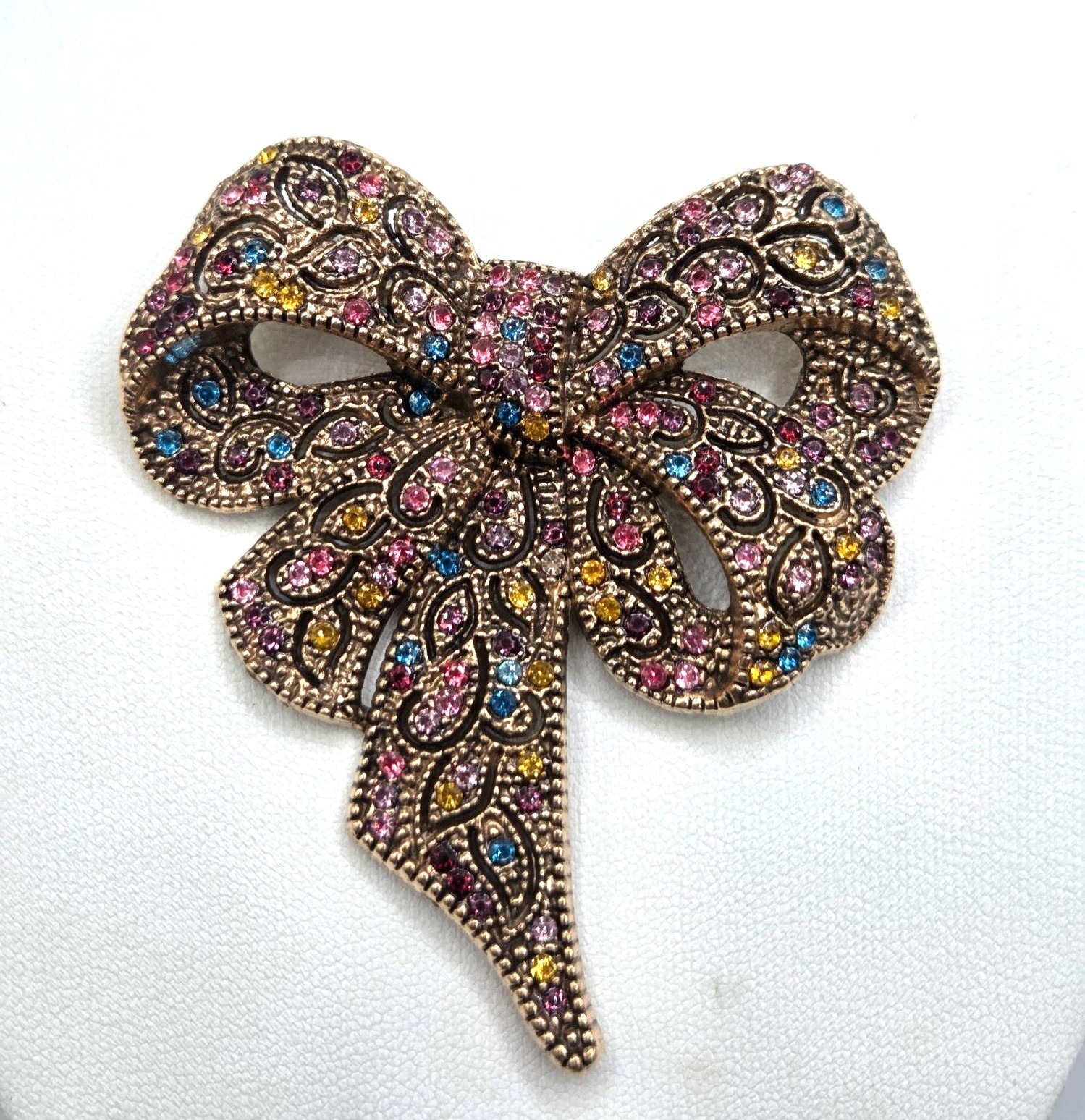 Rhinestone Bow Multicolor Crystal Gold-Tone Finish