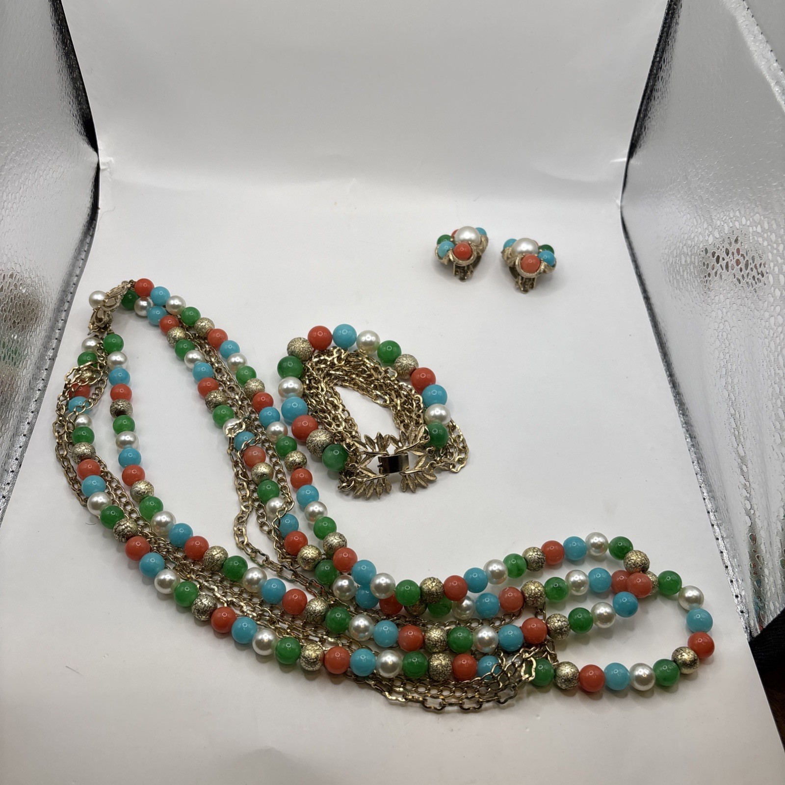 Vintage Gold Toned Multi Strand Necklace, Earring, Bracelet Set Multicolored