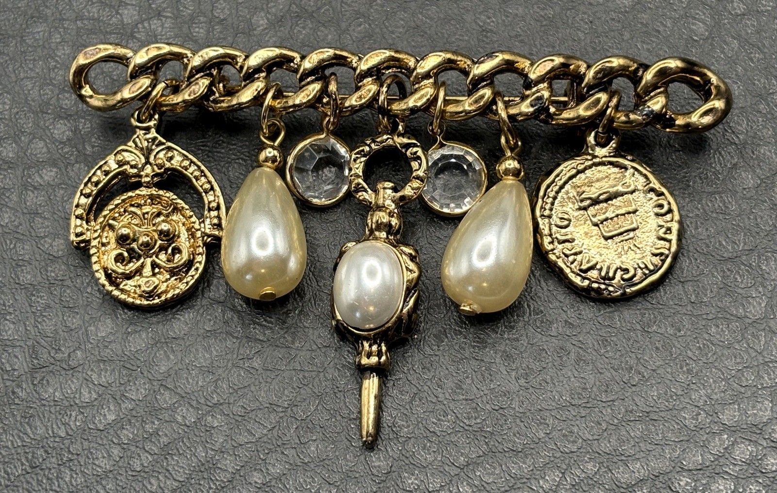 Vintage Gold Tone Charm Brooch Pearl Crystal Stations Coin Medallion Dangles