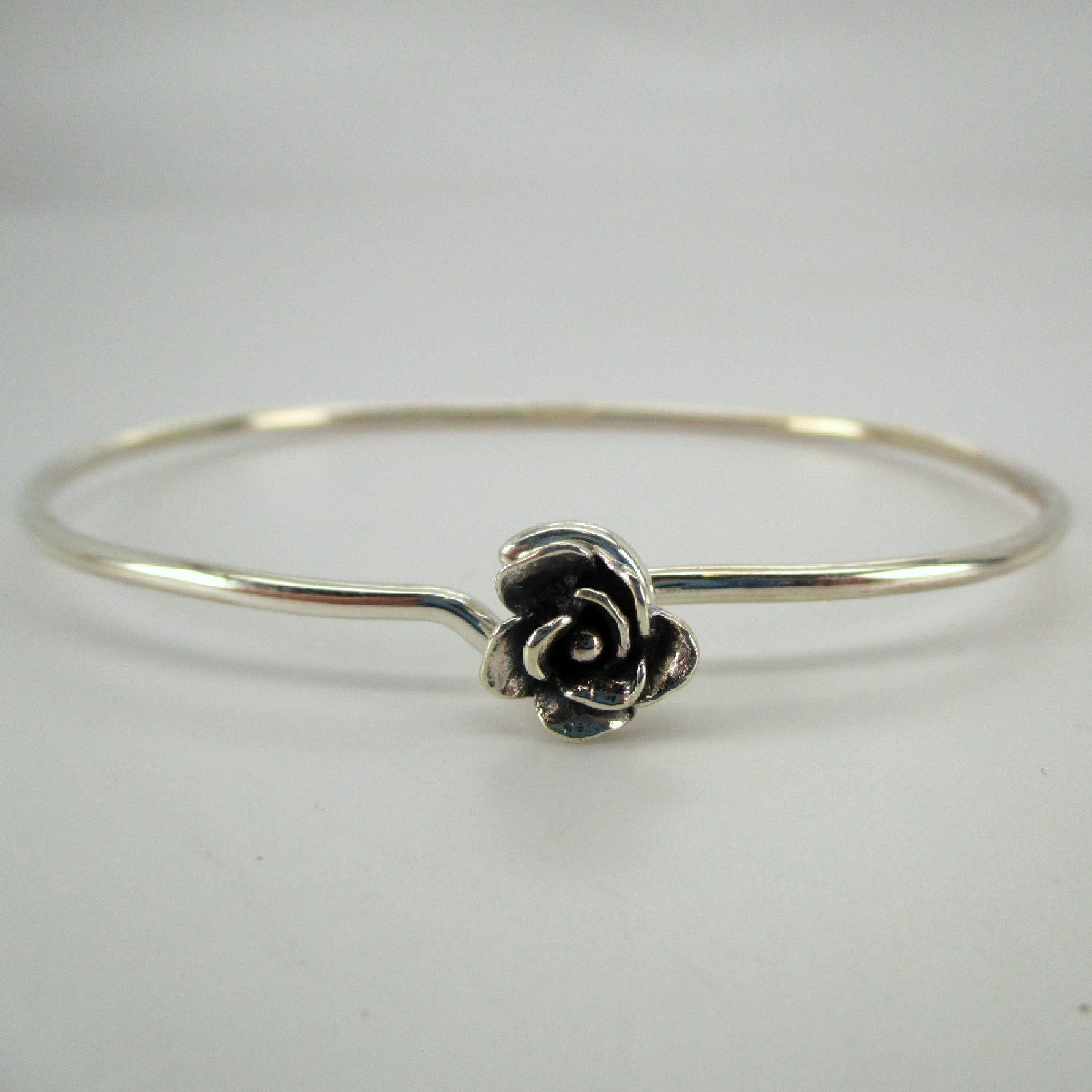 Sterling Silver Rose Bangle Charm Bracelet Flower Design Stacking Vintage NOS