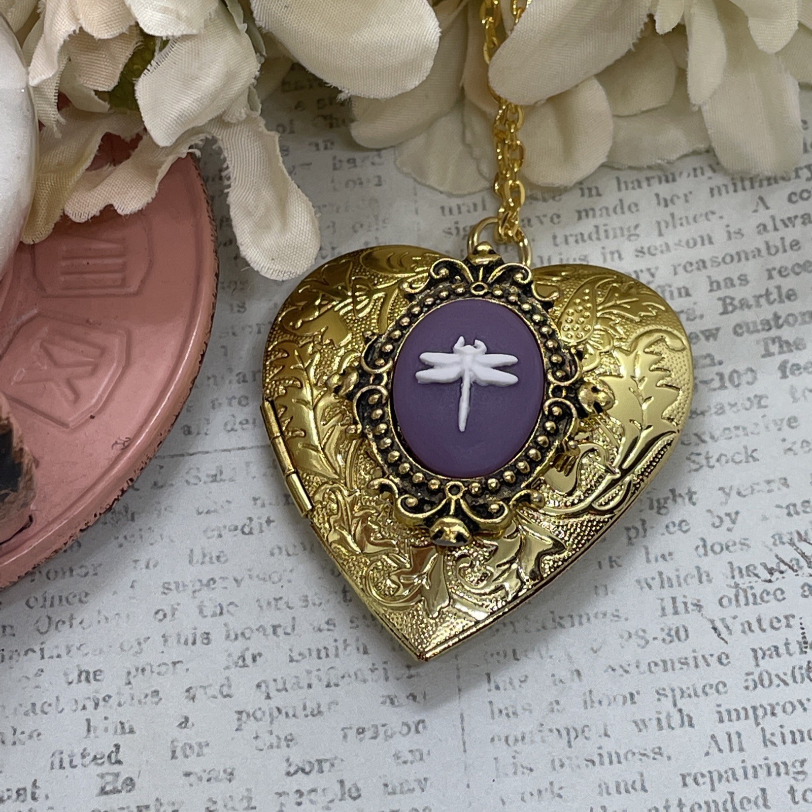 Gold Heart Locket Purple Birthday Anniversary Wedding Dragonfly Cameo Necklace