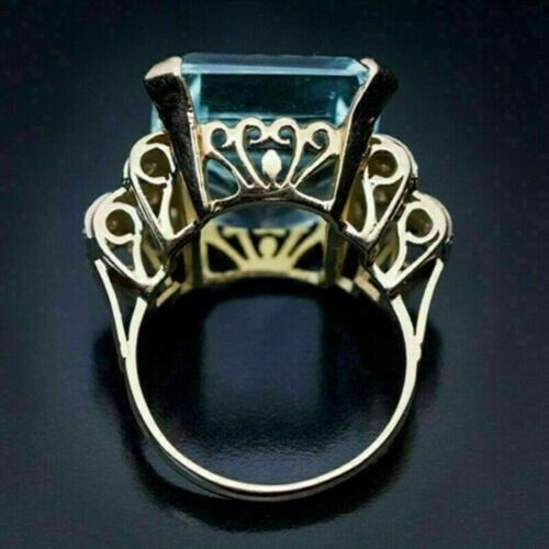 Art Deco 7.20 Ct Emerald Cut Aquamarine Vintage Wedding Ring 14K Yellow Gold FN