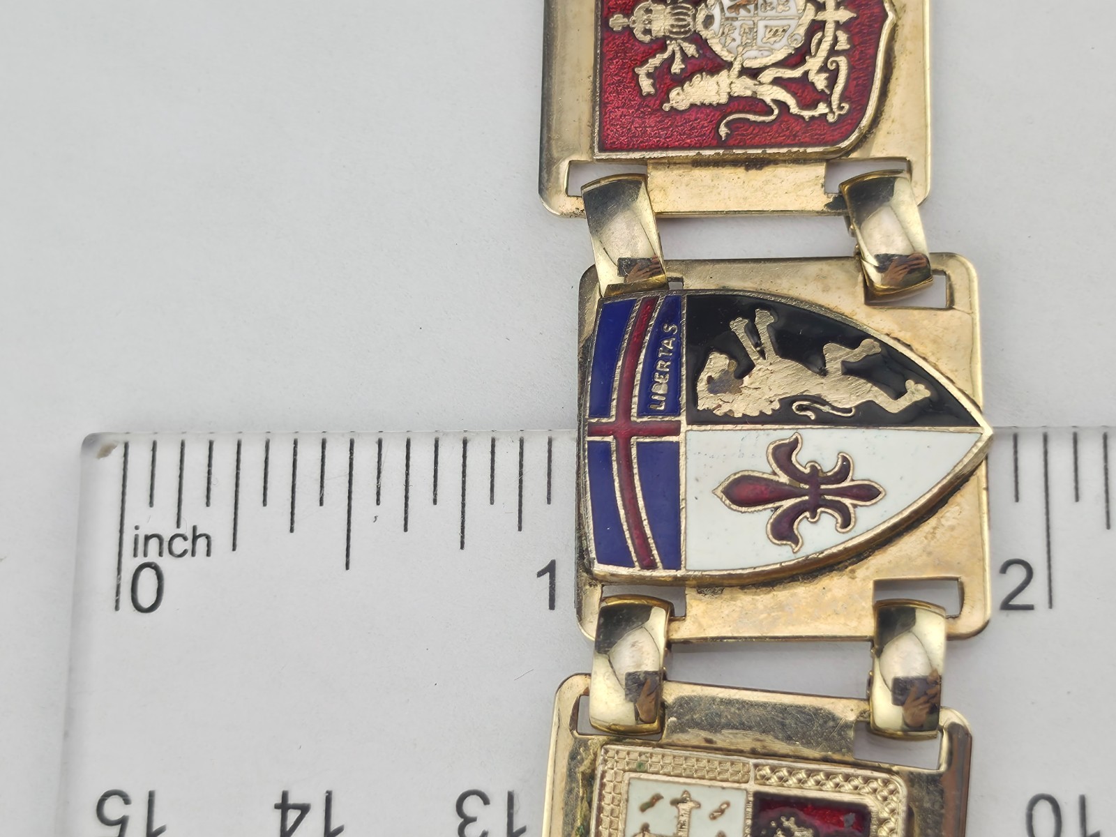 Vintage French Souvenir Bracelet 7″ Colorful Heraldic Cloisonne Enamel Panels
