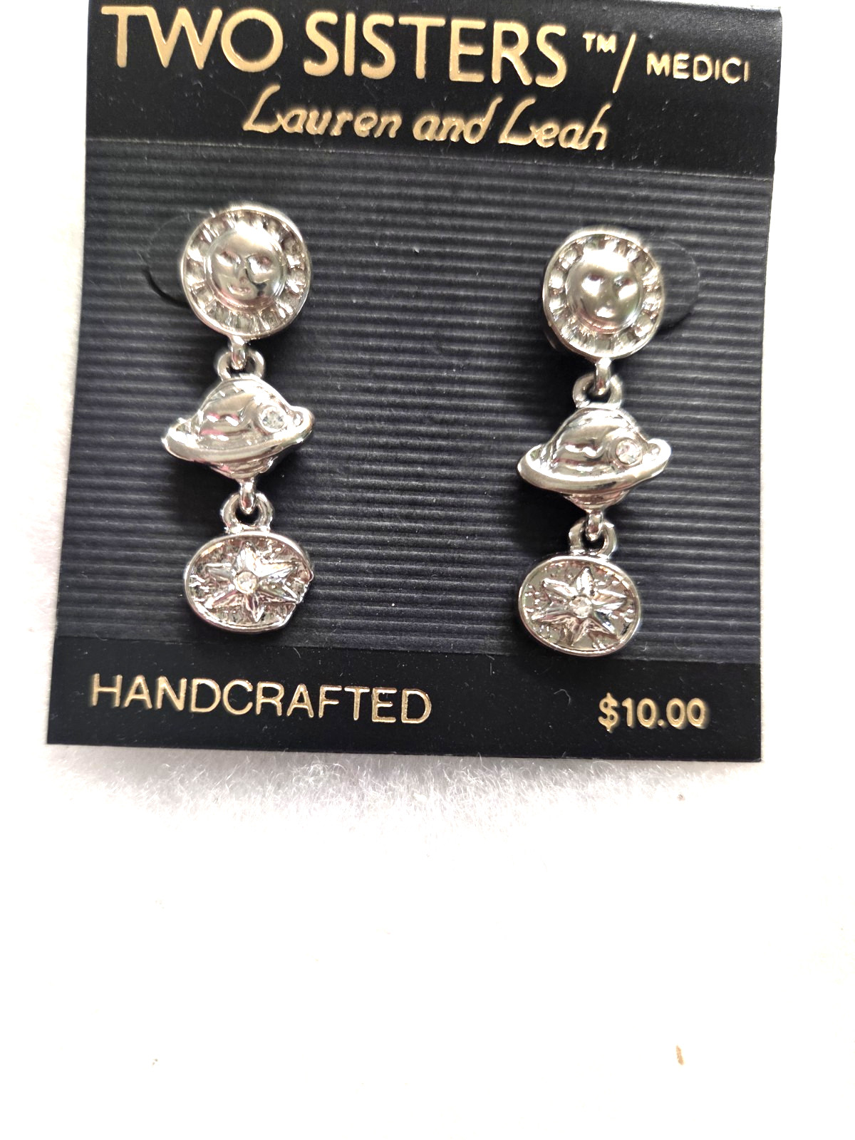 Vtg Two Sisters silver tone Sun world star rhinestone pierced Earrings