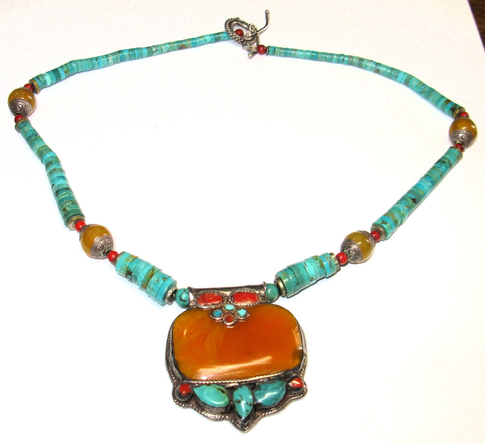 Vintage Traditional Handmade Old Tibetan Silver, Turquoise, Honey Resin Necklace