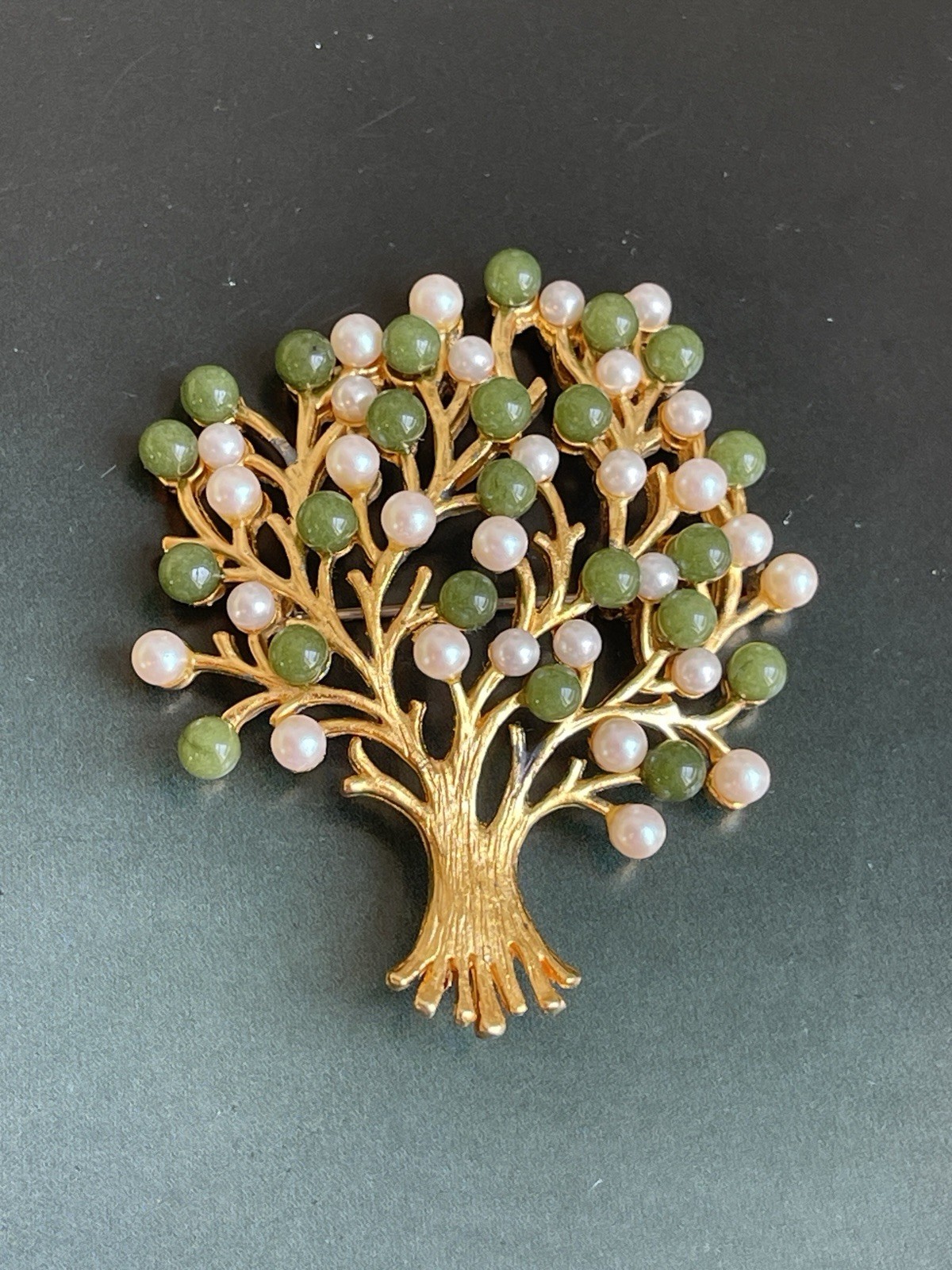 Vintage tree of life brooch green jade- like stone&pearl beads Swoboda style