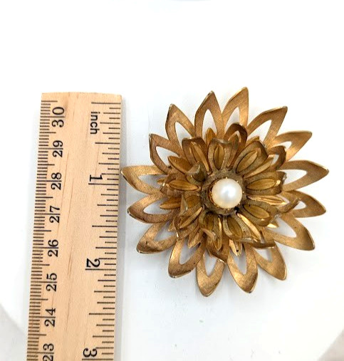 Vintage Flower Brooch Earrings Set EMMONS Gold Tone Faux Pearl Statement
