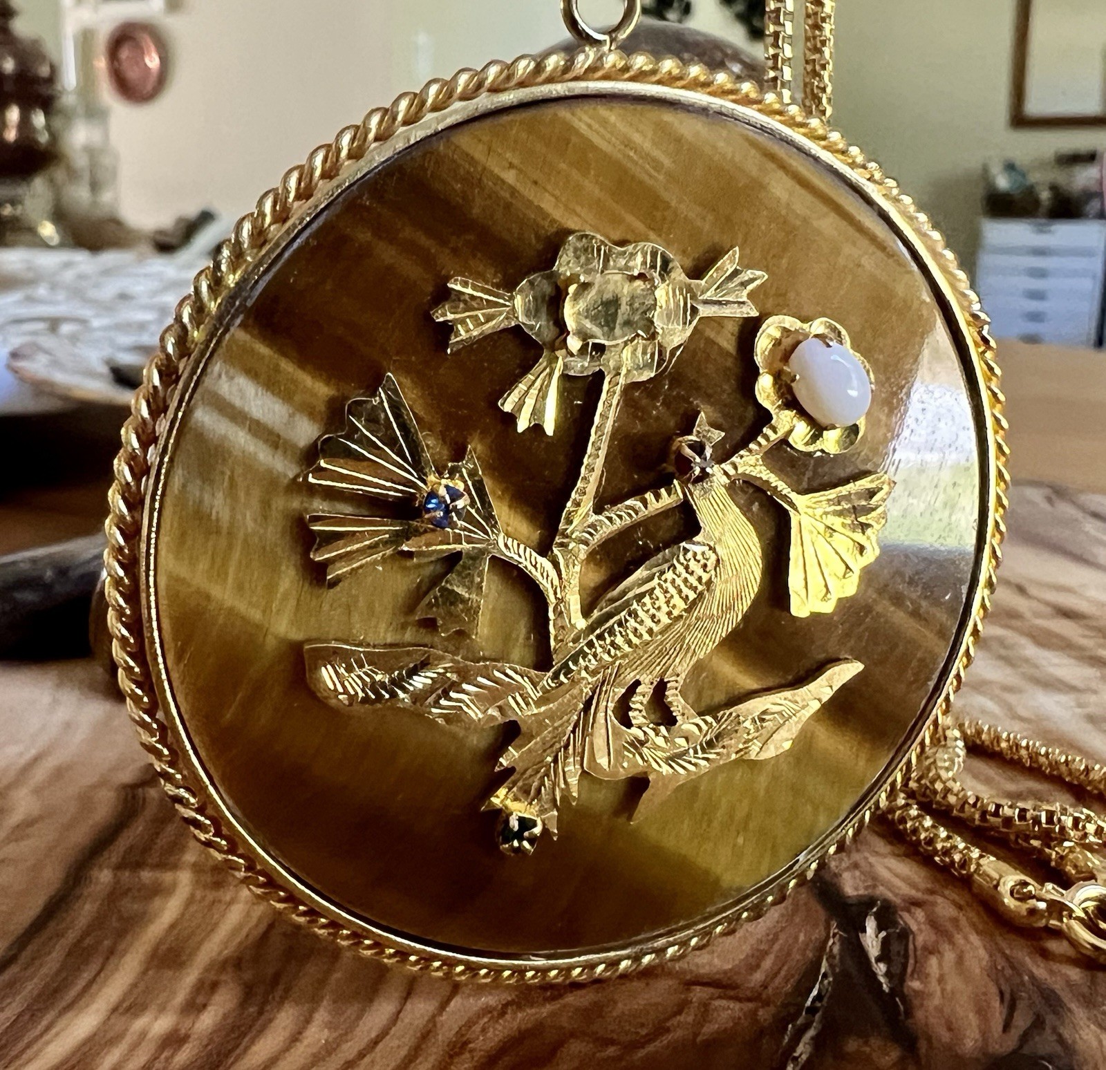 Vintage Double Sided Tiger’s Eye Gemstone Pendant With A Peacock On The Front