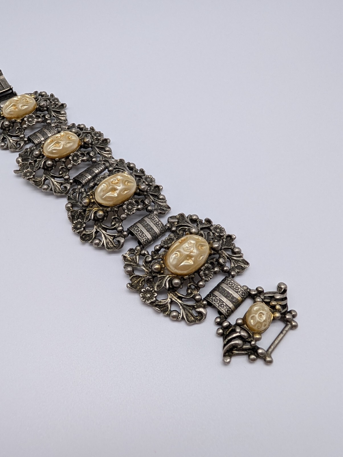 Vintage Victorian Selro Selini Style Baroque Faux Pearl Flower Panel Bracelet