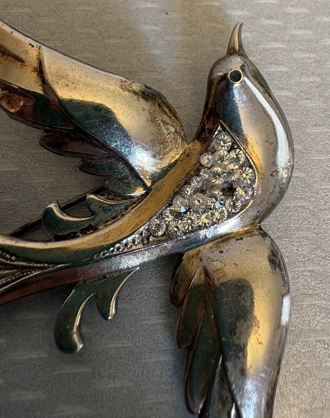 1940s Retro Vintage Sterling Gold Vermeil Rhinestone Bird Brooch 30g READ