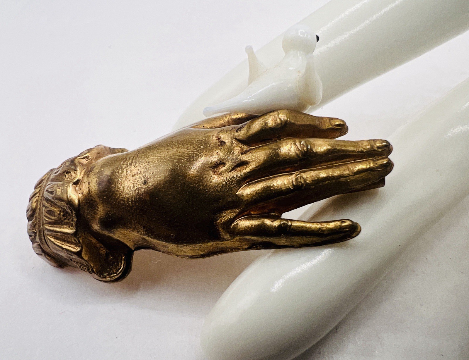 Art Deco Hand Pin / Brooch Holding Milk Glass Bird Figure – France