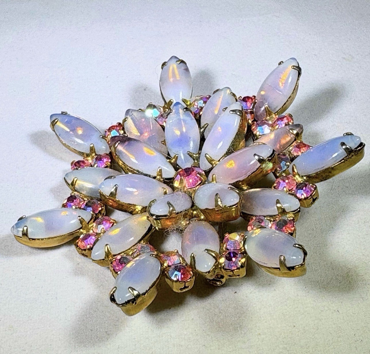 Vintage Juliana D&E Pink Moonstone Aurora Borealis Starburst Brooch Earrings Set
